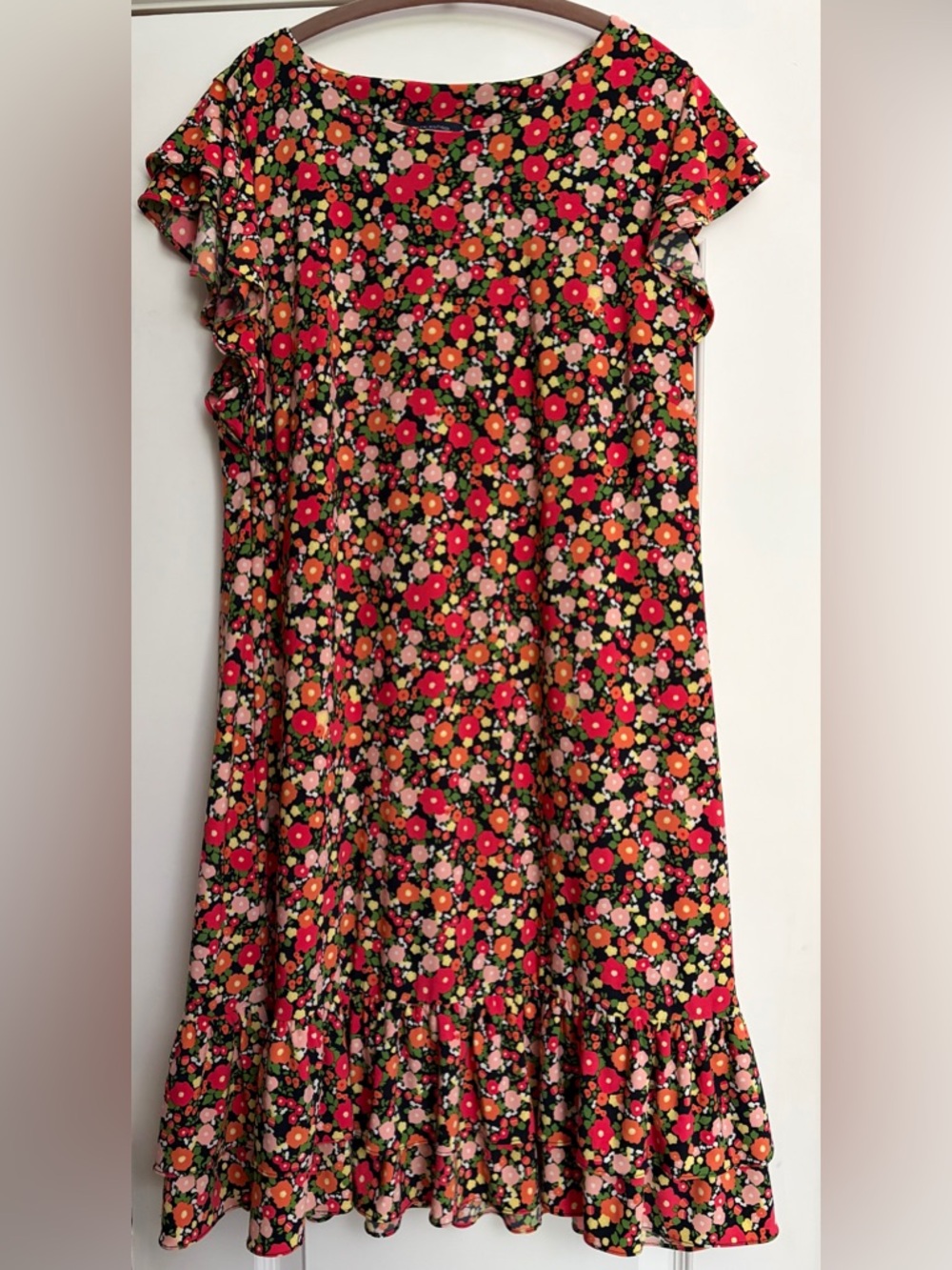 Tommy Hilfiger Feminine Floral Ruffle Hem Dress Black Red Pink Summer Work Sz 14